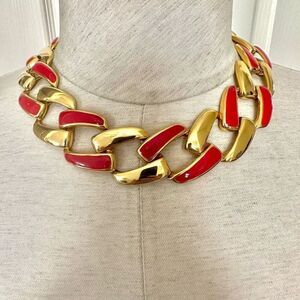 Gold tone red enamel necklace